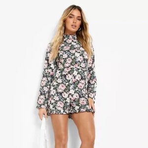 BOOHOO floral high neck long sleeve romper